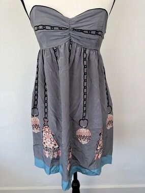 Corey Lynn Calter Size 4 Silk Strapless Gray Chain Print Babydoll Dress